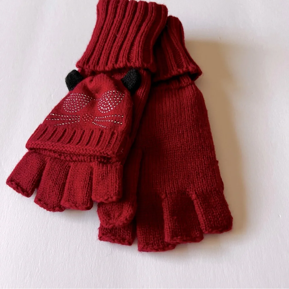 KARL LAGERFELD POP TOP CONVERTIBLE FINGERLESS GLOVES MITTENS RED KARL CAT LOGO